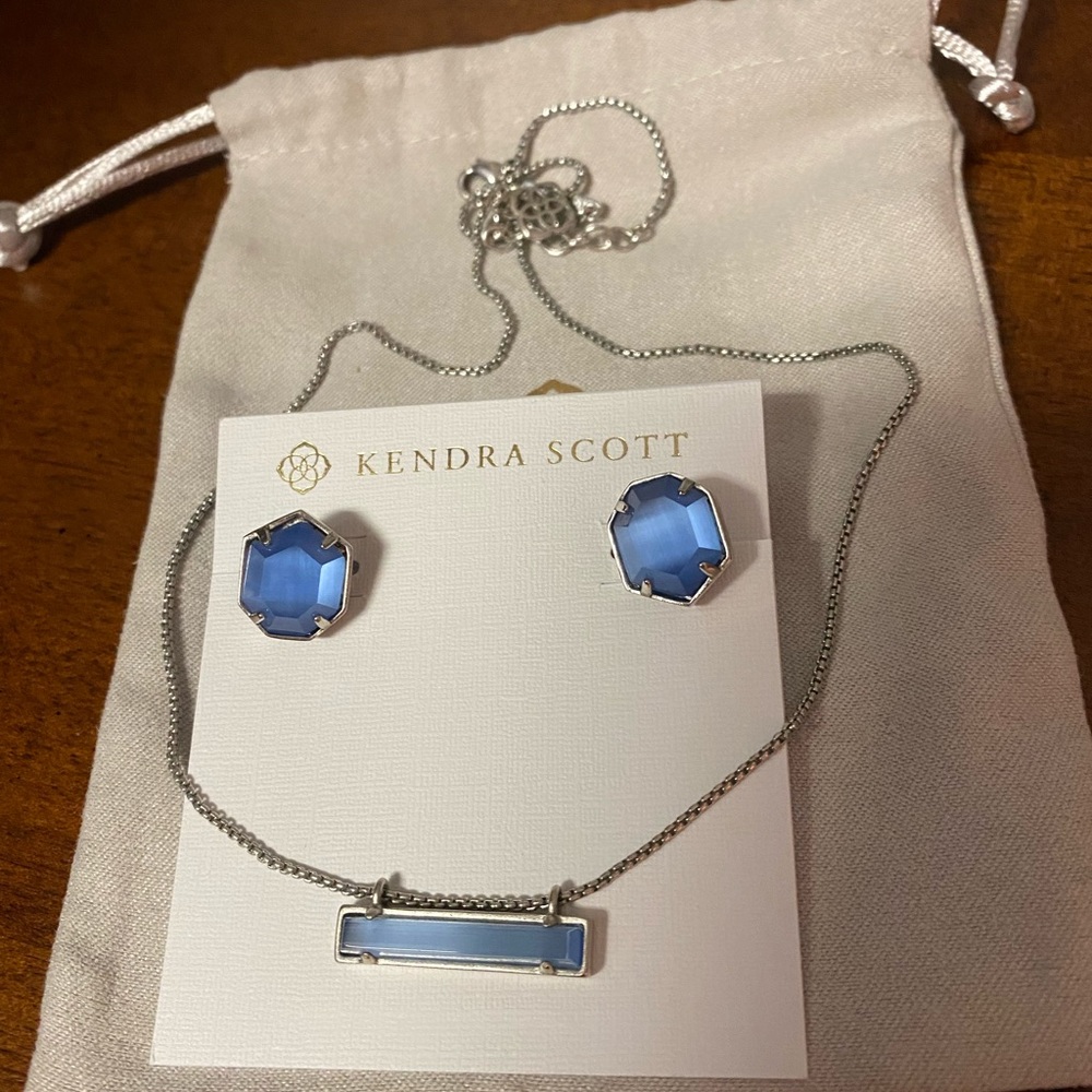 Kendra Scott Silver and Blue earrings (stud) and Bar Necklace